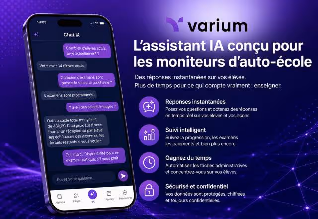 Assistant IA Varium affichant des données élèves et des notes de leçon sur un smartphone