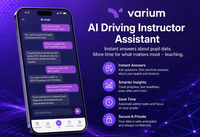 Varium AI driving instructor assistant showing pupil data and lesson insights on a smartphone
