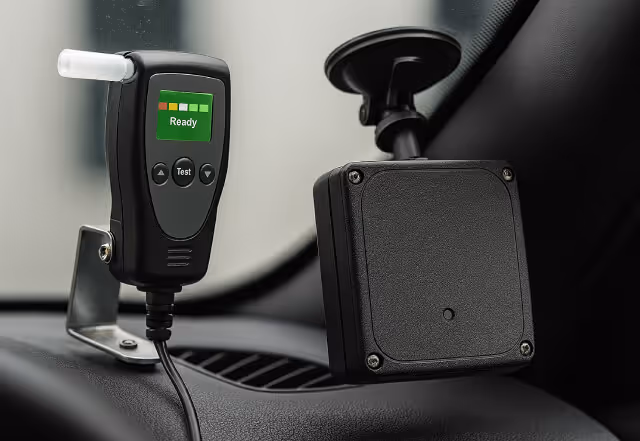 A close-up of a car dashboard showing a breathalyser and black box device