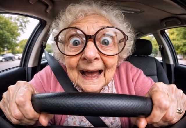 Older driver confidently driving on a UK road at sunset