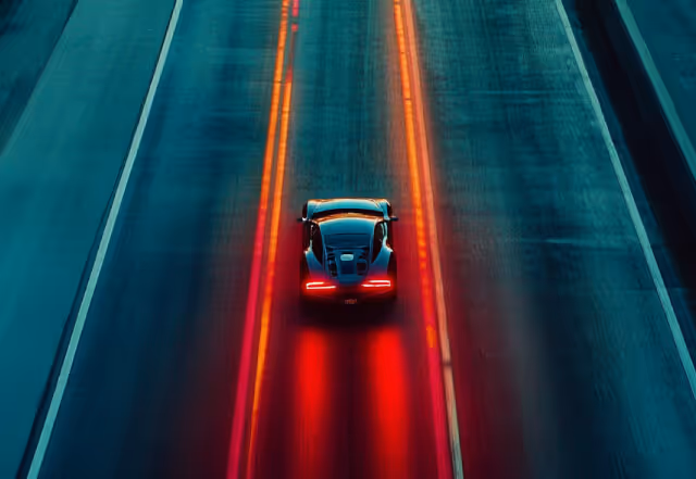 A car driving on the highway with red stripes on both sides (digital art)