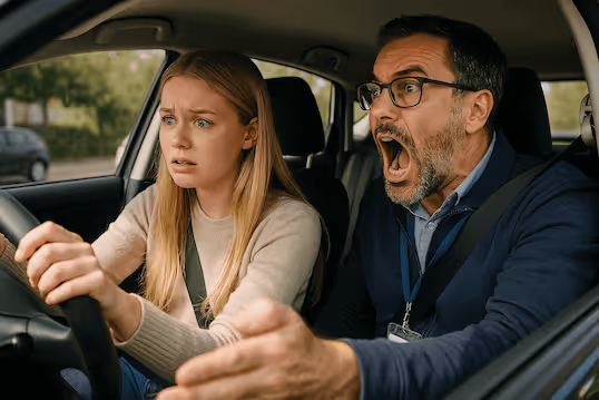 A blonde girl and her instructor looking very distressed while the blonde girl is driving