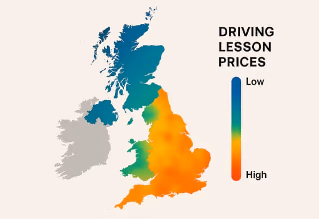 A stylised map of the UK showing driving lesson prices in different regions