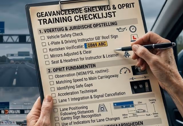Leerling en rijinstructeur bekijken samen een gestructureerd lesplan in een lesauto
