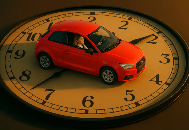 A blonde girl in a red car on top of a large clock showing time passing
