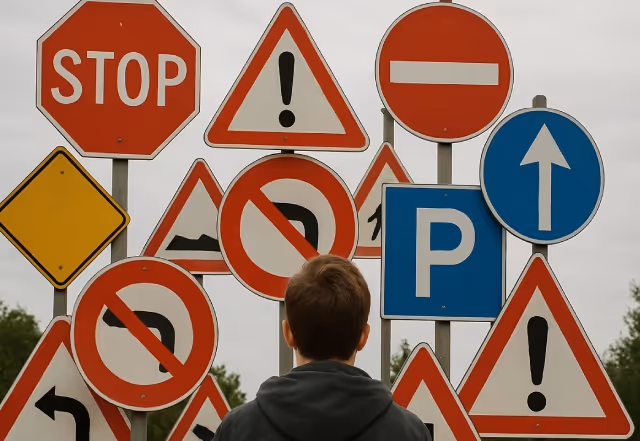 A young person sitting at a desk taking a computer-based driving theory test
