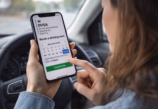 Learner driver preparing for a UK driving test with an instructor