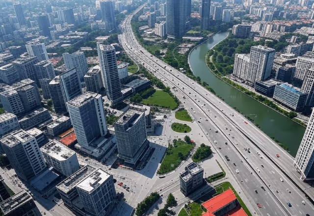 A view of a busy city intersection from above, showing multiple lanes, traffic lights, and pedestrian crossings